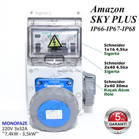 Amazon SKY PLUS, IP66-IP67-IP68, Monofaze Elektrikli Araç Kombinasyon Kutusu, Tesla Blue Adaptöre Uyumlu, + Kaçak Akım Röle, 3x32A + 1x16A - Sigorta Markası Seçeneği - 5 Yıl Garanti