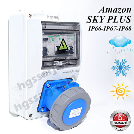 Amazon SKY PLUS, IP66-IP67-IP68, Monofaze Elektrikli Araç Kombinasyon Kutusu, Tesla Blue Adaptöre Uyumlu, + Kaçak Akım Röle, 3x32A + 1x16A - Sigorta Markası Seçeneği - 5 Yıl Garanti