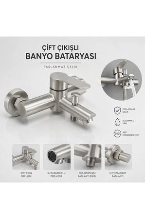 Banyo Bataryası İnox Paslanmaz Çelik Çift Çıkışlı Duş Hortumu Bağlantılı Musluk