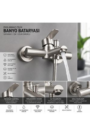 Banyo Bataryası İnox Paslanmaz Çelik Çift Çıkışlı Duş Hortumu Bağlantılı Musluk