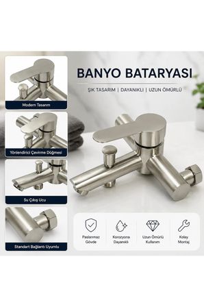 Banyo Bataryası İnox Paslanmaz Çelik Çift Çıkışlı Duş Hortumu Bağlantılı Musluk