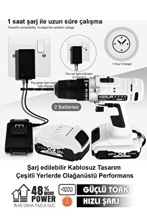 ASSUR Germany Technology Şarjlı Matkap 24 Parça 58 VF 5 Ah Çift Akülü Vidalama Beyaz