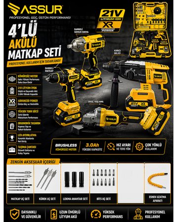 Assur ASR1192 Profesyonel Akülü Kömürsüz 4 lü Matkap Seti 21V 3ah - 800Nm Somun Sökme, 26mm Kırıcı Delici,  13mm Darbeli Vidalama, 125mm Avuç Taşlama (Sarı)