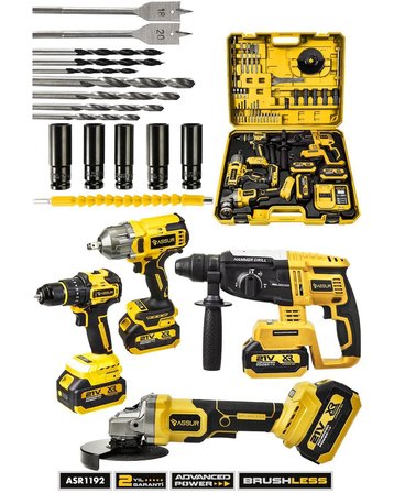 Assur ASR1192 Profesyonel Akülü Kömürsüz 4 lü Matkap Seti 21V 3ah - 800Nm Somun Sökme, 26mm Kırıcı Delici,  13mm Darbeli Vidalama, 125mm Avuç Taşlama (Sarı)
