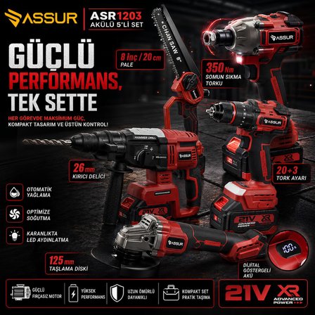 ASSUR ASR1203 Kırmızı Akülü 5li Set - 21V Kömürsüz Profesyonel El Aletleri Seti