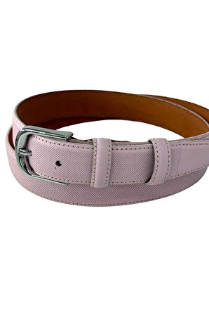 3 cm Genişlik %100 Hakiki Roys Deri Nikel Tokalı Dikişli Kadın Kemer Pudra Pembe