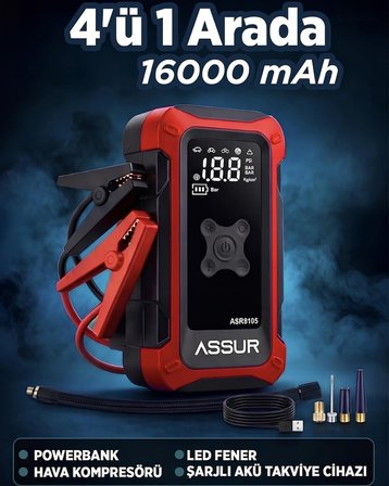 ASSUR ASR8107 16000mAh 4ü1 Arada Akü Takviye Cihazı, Hava Kompresörü, Powerbank ve LED Fener