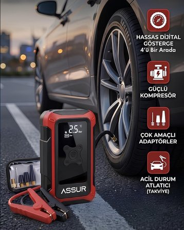 ASSUR ASR8107 16000mAh 4ü1 Arada Akü Takviye Cihazı, Hava Kompresörü, Powerbank ve LED Fener