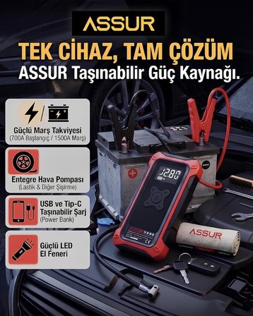 ASSUR ASR8107 16000mAh 4ü1 Arada Akü Takviye Cihazı, Hava Kompresörü, Powerbank ve LED Fener