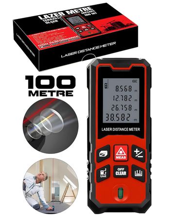 ASR ASR947 Profesyonel Lazer Terazili Dijital Mesafe Ölçer - Kırmızı (100 Metre)