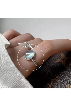 925 Ayar Gümüş Mavi Kristal Taşlı Minimalist Ayarlanabilir Yüzük