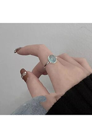 925 Ayar Gümüş Mavi Kristal Taşlı Minimalist Ayarlanabilir Yüzük