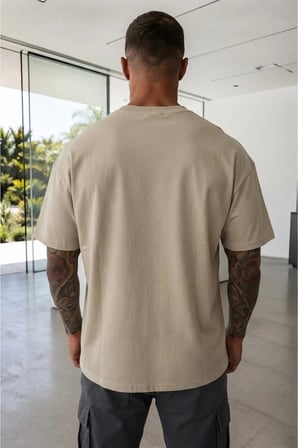 Erkek Oversize kalın dokulu %100 Pamuk Yumusak Dokulu Basic Bisiklet Yaka bej Tisört