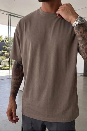 Erkek Oversize kalın dokulu %100 Pamuk Yumusak Dokulu Basic Bisiklet Yaka kahverengi Tisört