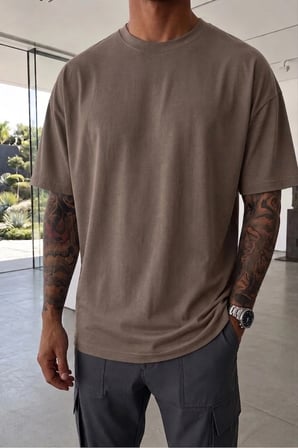 Erkek Oversize kalın dokulu %100 Pamuk Yumusak Dokulu Basic Bisiklet Yaka kahverengi Tisört