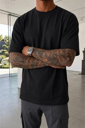 Erkek Oversize Fit %100 Pamuk kalın Dokulu Basic Bisiklet Yaka siyah Tisört