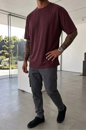 Erkek Oversize kalın dokulu %100 Pamuk Kalın Dokulu Basic Bisiklet Yaka bordo Tisört