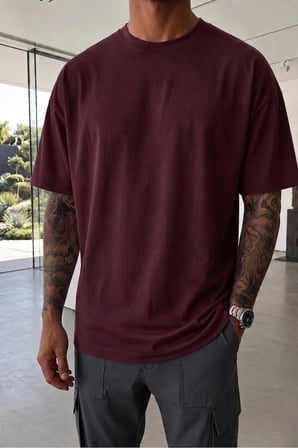 Erkek Oversize kalın dokulu %100 Pamuk Kalın Dokulu Basic Bisiklet Yaka bordo Tisört