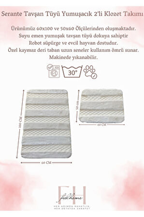 Serante Tavşan Tüyü, Kaymaz Taban, Pofuduk, Yumuşacık, Yıkanabilir 2'li Banyo Paspası 
