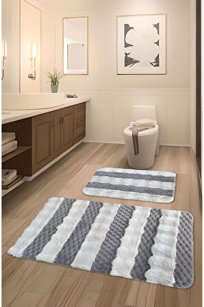 Serante Tavşan Tüyü, Kaymaz Taban, Pofuduk, Yumuşacık, Yıkanabilir 2'li Banyo Paspası Gri