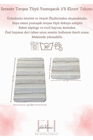 Serante Tavşan Tüyü, Kaymaz Taban, Pofuduk, Yumuşacık, Yıkanabilir 2'li Banyo Paspası 