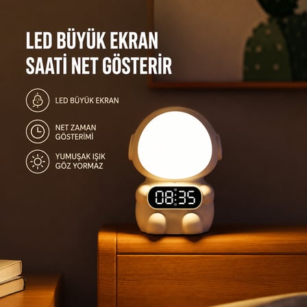 Astronot LED Dijital Çalar Saatli Gece Lambası – Beyaz Renk, Büyük Ekran, Yumuşak Işık, Masaüstü Dekoratif Uyku Lambası