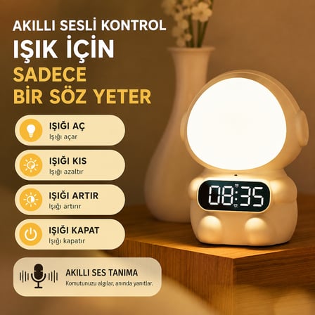 Astronot LED Dijital Çalar Saatli Gece Lambası – Beyaz Renk, Büyük Ekran, Yumuşak Işık, Masaüstü Dekoratif Uyku Lambası