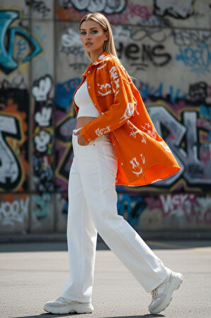 Kadın Oversize Turuncu Graffiti Baskılı Denim Ceket - Sokak Stili Urban Jean Gömlek Ceket