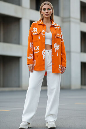 Kadın Oversize Turuncu Graffiti Baskılı Denim Ceket - Sokak Stili Urban Jean Gömlek Ceket