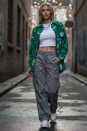 Kadın Oversize Benetton Yeşili Graffiti Baskılı Kot Ceket -Urban Jean Gömlek Ceket