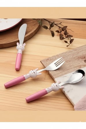 ASTERA Porland Rabbit Pembe Çocuk Çatal Kaşık Bıçak Takımı 3 Parça