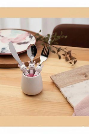 ASTERA Porland Rabbit Pembe Çocuk Çatal Kaşık Bıçak Takımı 3 Parça