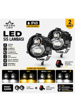 2 Adet Açma Kapama Anahtarlı Motosiklet Atv Utv Scooter LED Sis Farı Metal Kasa Yüksek Güçlü Delici Beyaz Sarı Çift Renk