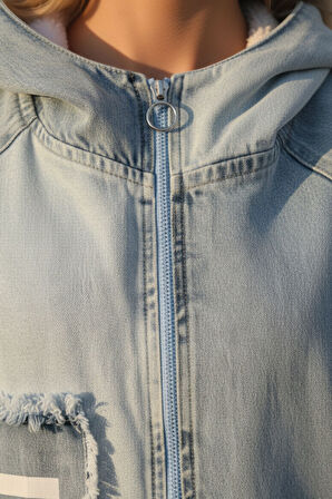 Kadın Mavi Uzun Kollu Kapüşonlu İçi Peluşlu Fermuarlı Oversize Jean Ceket – Kadın Mont