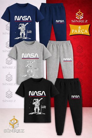 Çocuk ASTRONOT BEYAZ UST NASA YAZI Baskılı 3Lü Tişort Eşofman Takımı