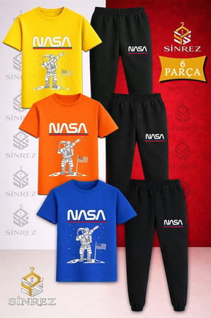 Çocuk ASTRONOT BEYAZ UST NASA YAZI Baskılı 3Lü Tişort Eşofman Takımı