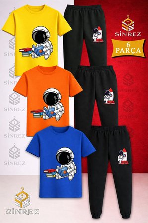 Çocuk ASTRONOT KITAP OKUYAN Baskılı 3Lü Tişort Eşofman Takımı