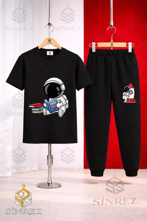 Çocuk ASTRONOT KITAP OKUYAN Baskılı 3Lü Tişort Eşofman Takımı
