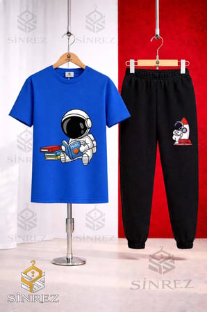 Çocuk ASTRONOT KITAP OKUYAN Baskılı 3Lü Tişort Eşofman Takımı