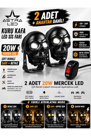 2 Adet Açma Kapama Anahtarlı Siyah Kuru Kafa Atv Utv Scooter Motosiklet LED Spot Far Sürüş Sis Gidon Lambası