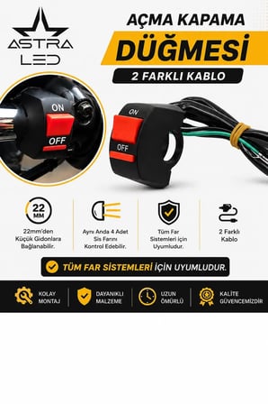 2 Adet Açma Kapama Anahtarlı Siyah Kuru Kafa Atv Utv Scooter Motosiklet LED Spot Far Sürüş Sis Gidon Lambası