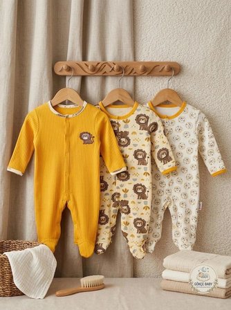 Gökçe Baby Aslan Desenli 3'lü Bebek Tulum Seti – Uzun Kollu Çıtçıtlı Tulum
