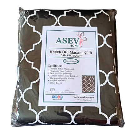 Ütü Masası Kılıfı Büyük Boy İpli Stoperli Keçeli Kılıfı Örtüsü Bezi 55x140cm Damask Siyah