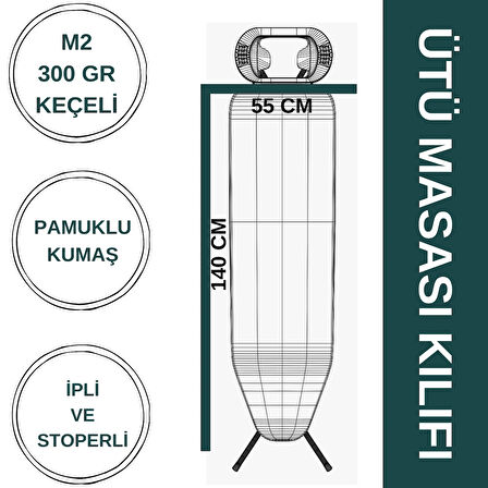 ASEV HOME Ütü Masası Kılıfı Büyük Boy İpli Stoperli Keçeli Kılıfı Örtüsü Bezi 55x140cm GÖKYÜZÜ