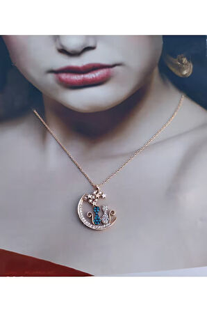 Modahilye 925 Ayar Gümüş Yıldızları Seyreden Kedi Tasarım Aşk Rozegold Kolye