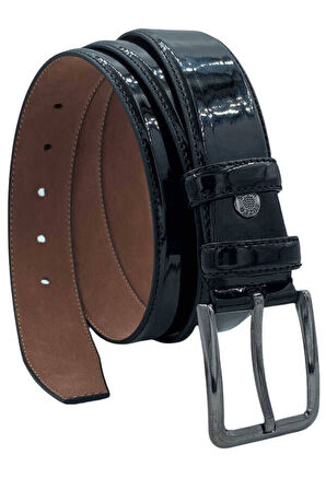 Siyah Rugan Suni Deri Düz Model Dikişli 3.5 Cm.lik Klasik Kemer - 8001-düz-22k-e