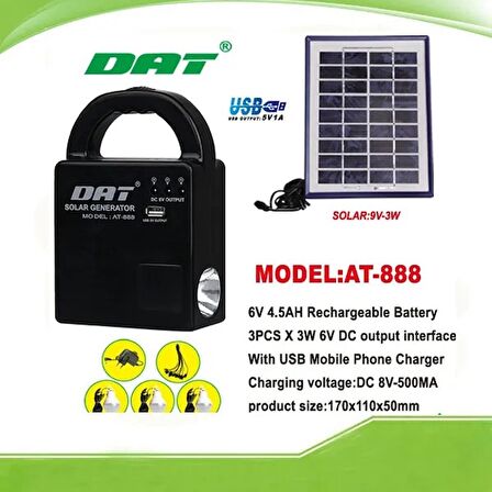 Dat AT-888 USB Mobil Şarj Fonksiyonuna Sahip Taşınabilir Solar Şarj Aydınlatma Sistemi