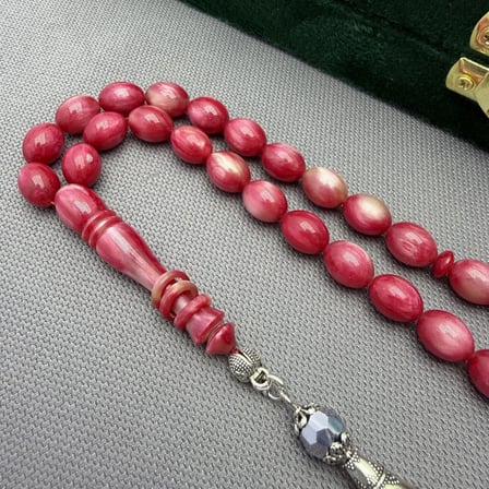 Alpaka Püsküllü Pembe Renkli Halkalı İmame Parlak Dokulu Sıkma Kehribar Tespih