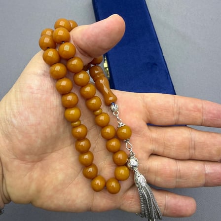 Alpaka Püsküllü Altı Sallantılı Sütlü Kahve Küre Kesim Sıkma Kehribar Tespih