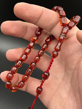 Koyu Sarı Ateş Kehribar 33 Taneli Sistem Püskül Dahil 27 cm Kapsül Kesim Küçük Boy Tesbih